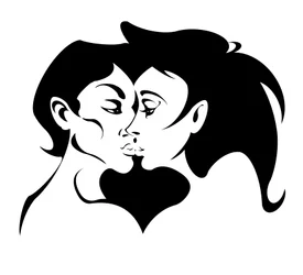 Couple kissing, black-and-white graphic image, 2010